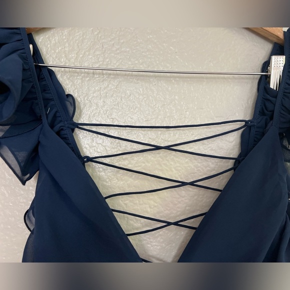 NWOT Soiree Celebration Navy Blue Ruffled Lace-Up Maxi Dress - Picture 8 of 8